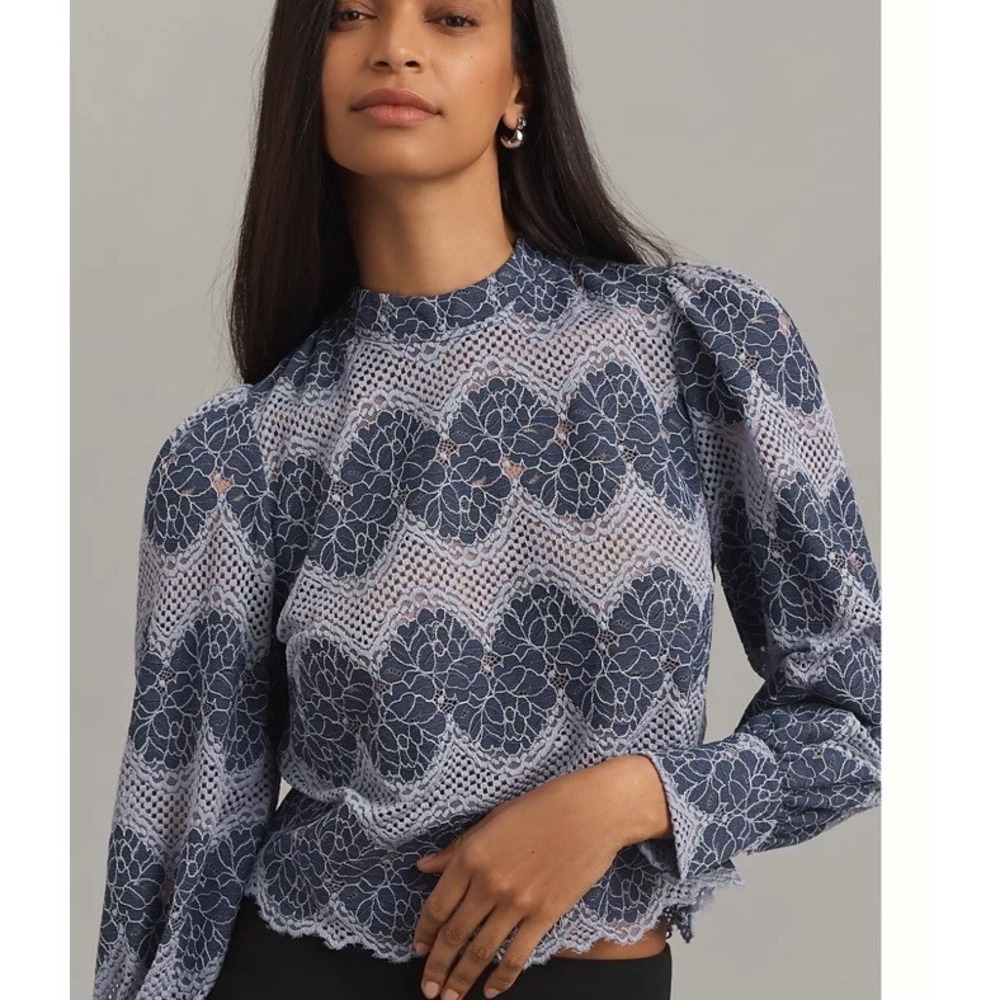 Dolan Anthropologie Left Coast Mock-Neck Lace Blouse XS Blue Puff Sleeve NWT